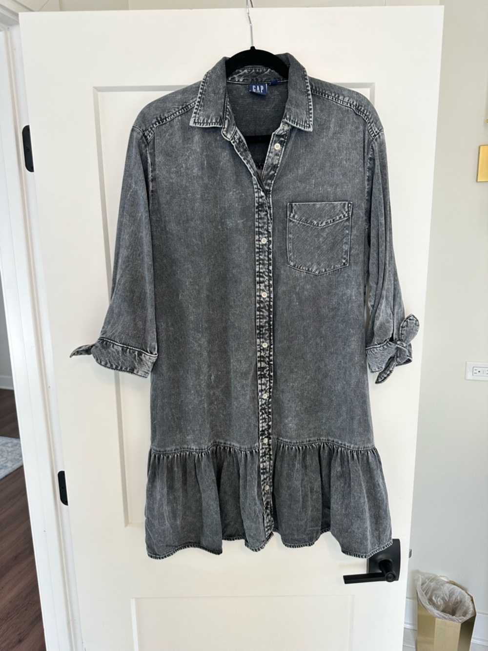 GAP Faded Black Denim Ruffle-Hem Shirt Dress